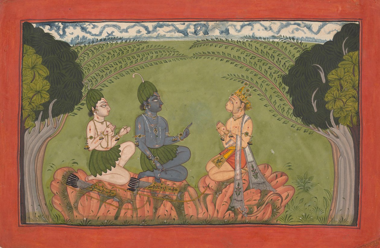 Hanuman ennen Ramaa ja Lakshmanaa... hajallaan olevaa "Mankot" Ramayana -sarjaa, n. 1710-25. tekijältä Unbekannt