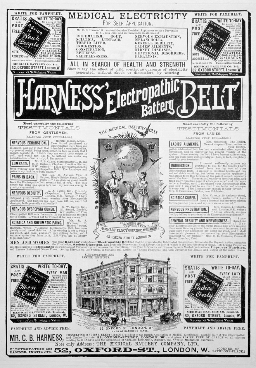 Valjaat Electropathic Battery Belt -mainos, 1893 tekijältä Unbekannt