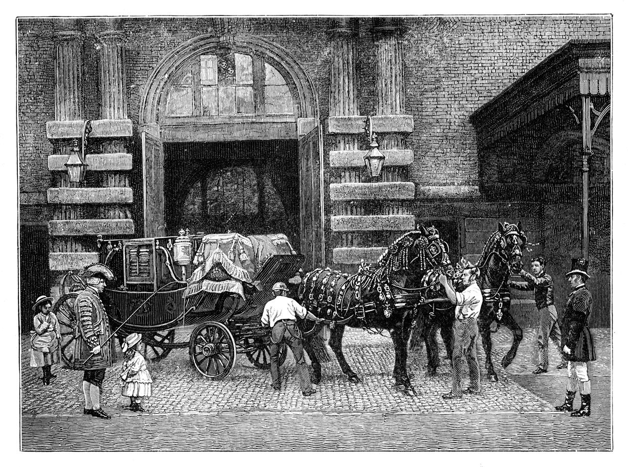 Mustien hevosten valjastaminen Royal Mewsissä, Buckinghamin palatsi, Lontoo, vuodelta 1888 tekijältä Unbekannt