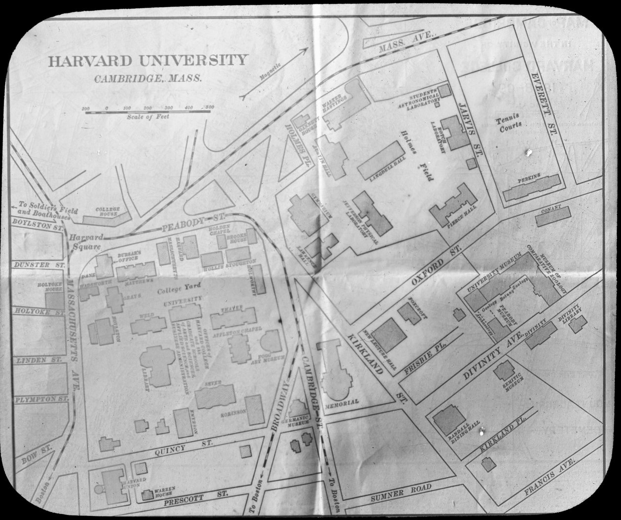 Harvardin yliopiston kampuskartta, Cambridge, Massachusetts, USA, 1800-luvun loppu tai 1900-luvun alku tekijältä Unbekannt