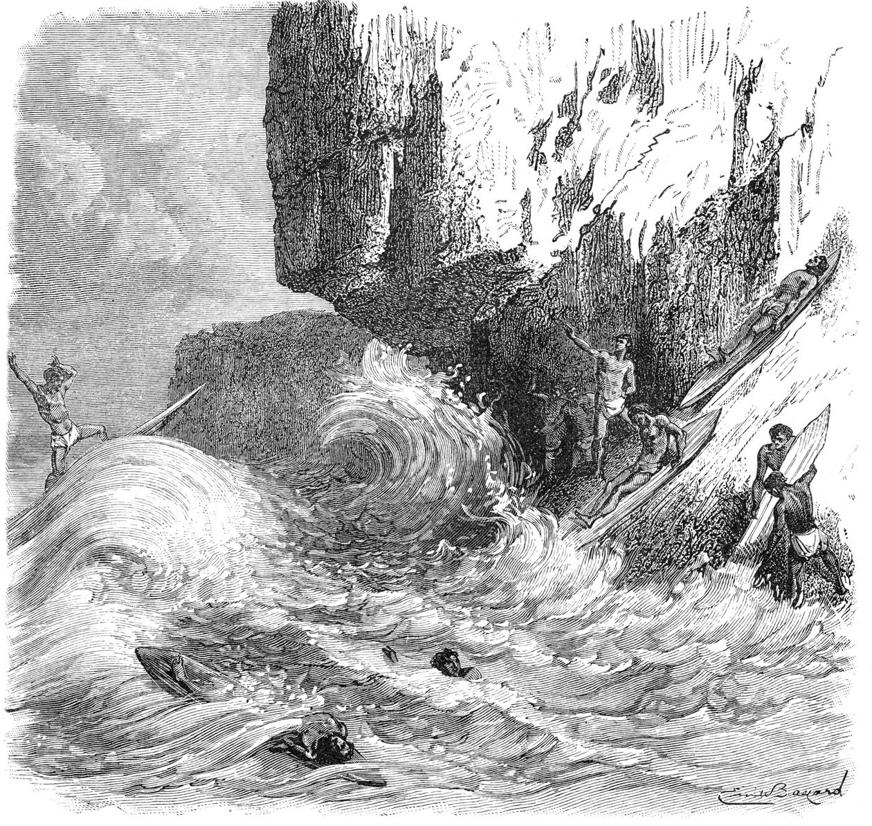 Havaijilaiset miehet surffaavat puulaudoilla, c1895 tekijältä Unbekannt