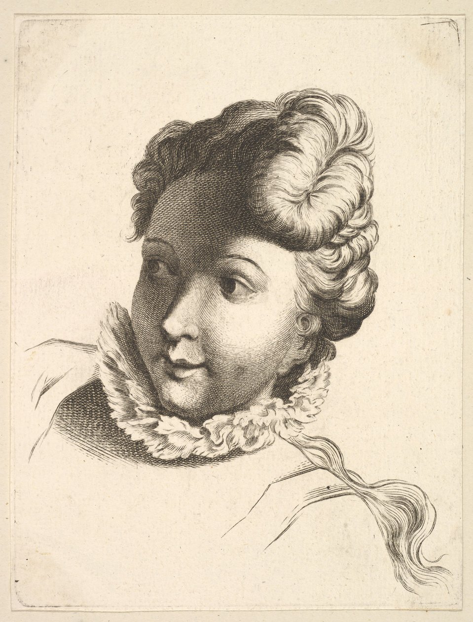Ruffa pukeutuvan naisen pää, Livre de Têtes Gravées dapres F. Boucher et ..., 1700-luku. tekijältä Unbekannt