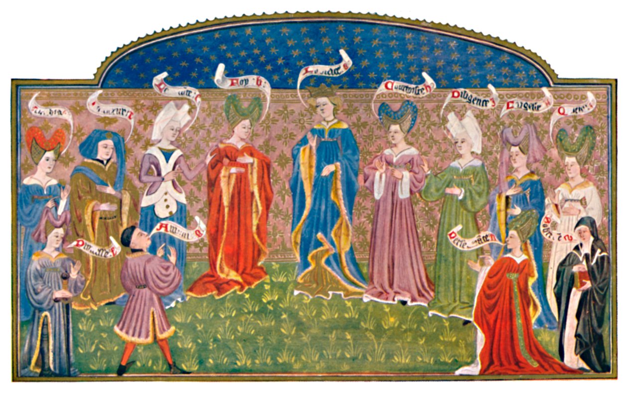 Päähineet 1500-luvulla MS. Roy. 15 E. v., 1400-luku, 1903 tekijältä Unbekannt