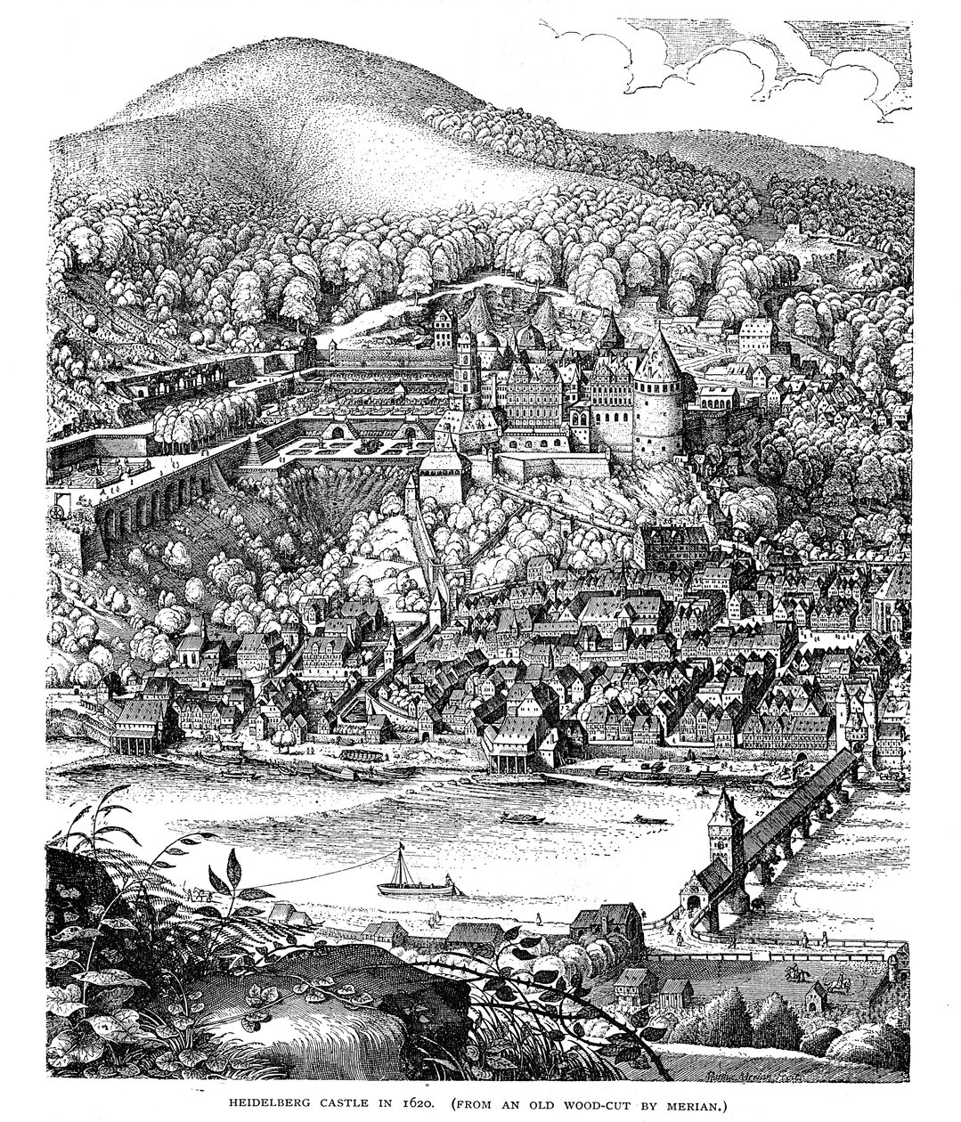 Heidelbergin linna ja kaupunki Neckar-joen toisella puolella Saksassa vuonna 1620 tekijältä Unbekannt