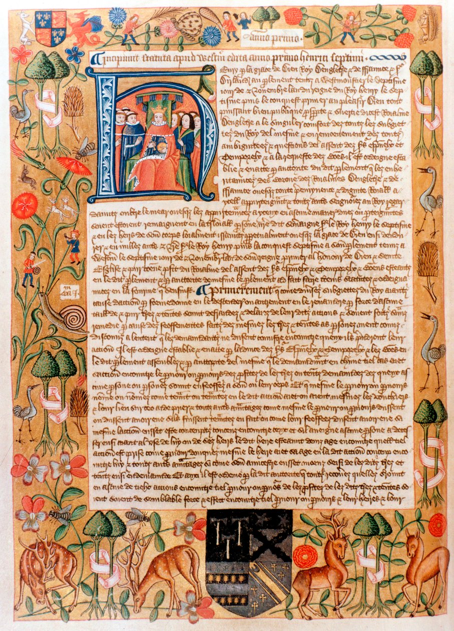 Henrik VII:n ensimmäinen parlamenttiesitys, jossa on alkuperäinen muotokuva kuninkaasta, 1480-luvun lopulla tekijältä Unbekannt