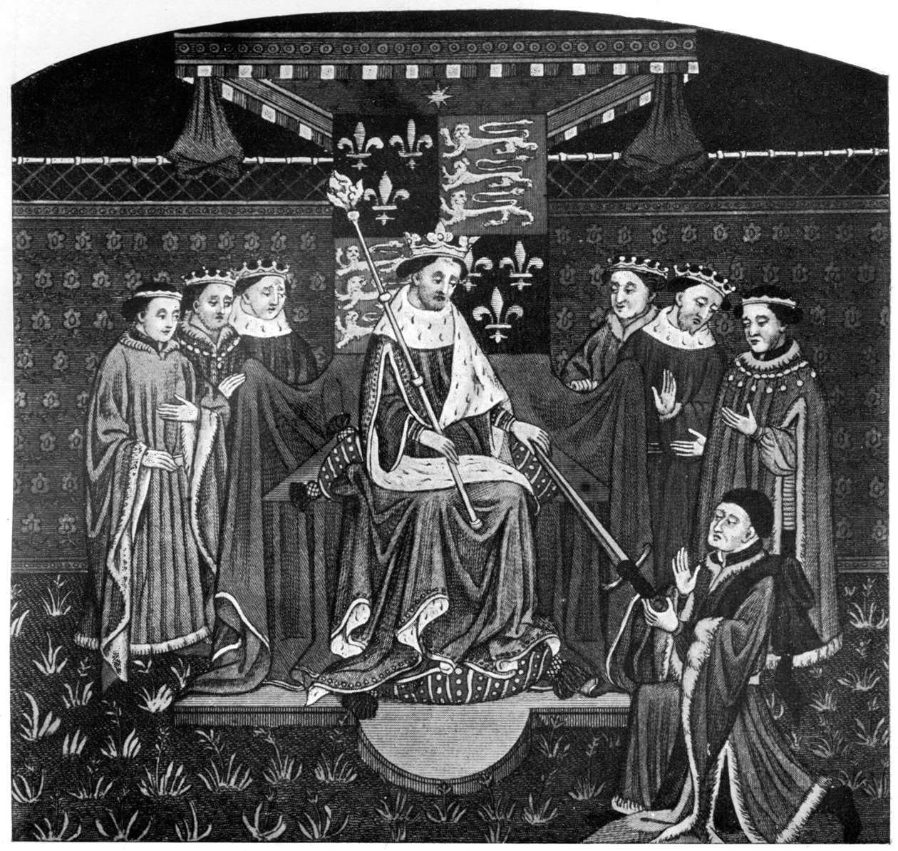 Henry VI esittelee miekan John Talbotille, Earl of Salisburyn, n. 1445, 1910 tekijältä Unbekannt