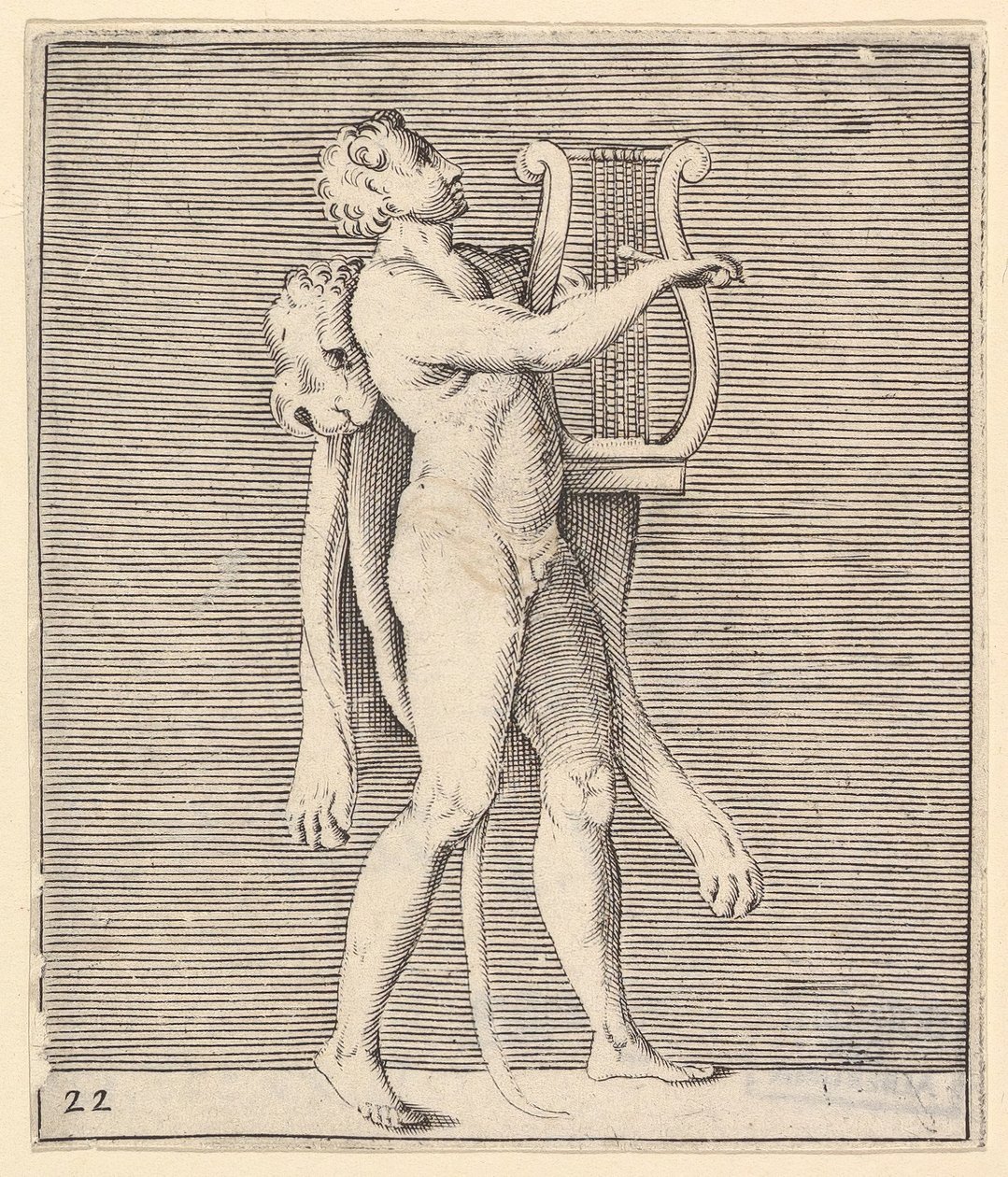 Hercules soittamassa lyyraa, leijonanahka olkapäällään, julkaisi n. 1599-1622. tekijältä Unbekannt