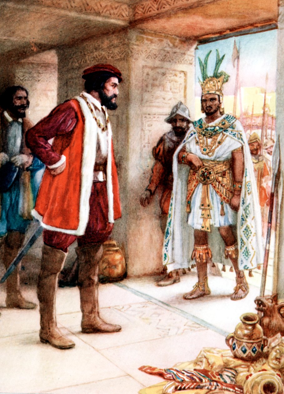 Hernan Cortes tapaa atsteekkien keisari Montezuman, 1519 tekijältä Unbekannt