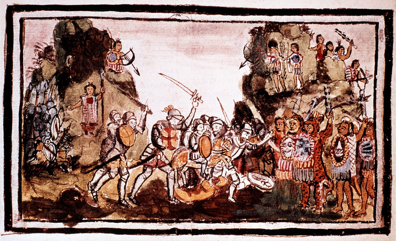 Hernando Cortes Cortez 1485-1547, espanjalainen valloittaja, hyökkäsi alkuperäisasukkaiden kimppuun Meksikossa tekijältä Unbekannt