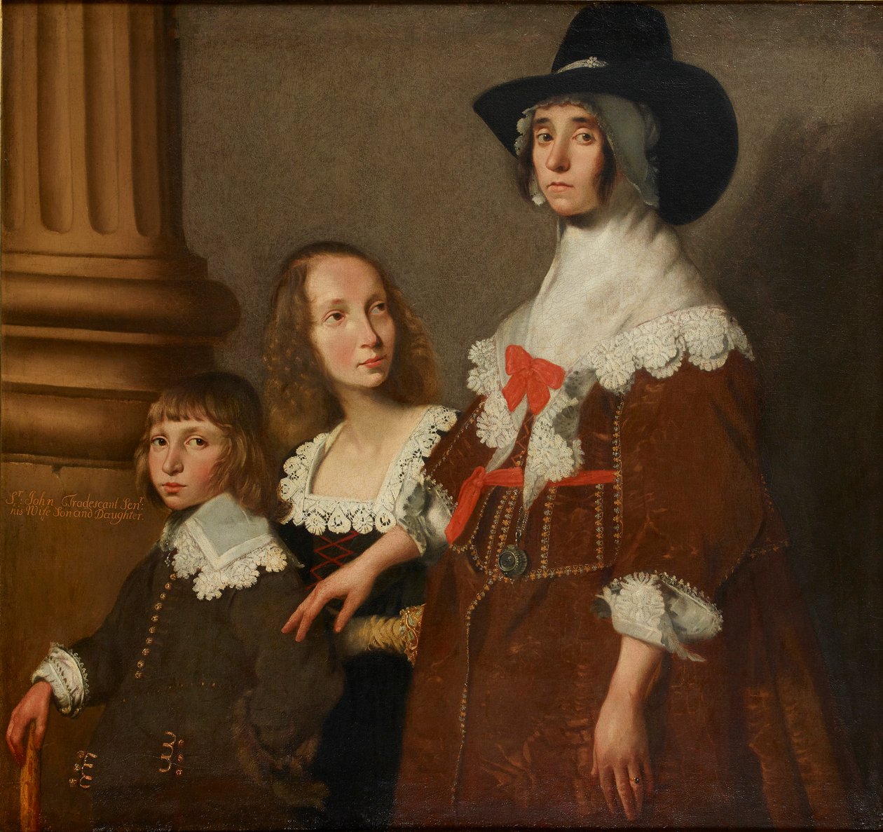 Hester Tradescant ja hänen lapsepuolensa, John ja Frances, n. 1644 tekijältä Unbekannt