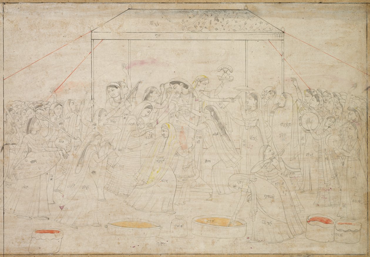 Hindujumala Krishna on pukeutunut naisten vaatteisiin kevätjuhla Holi, c. 1790. tekijältä Unbekannt