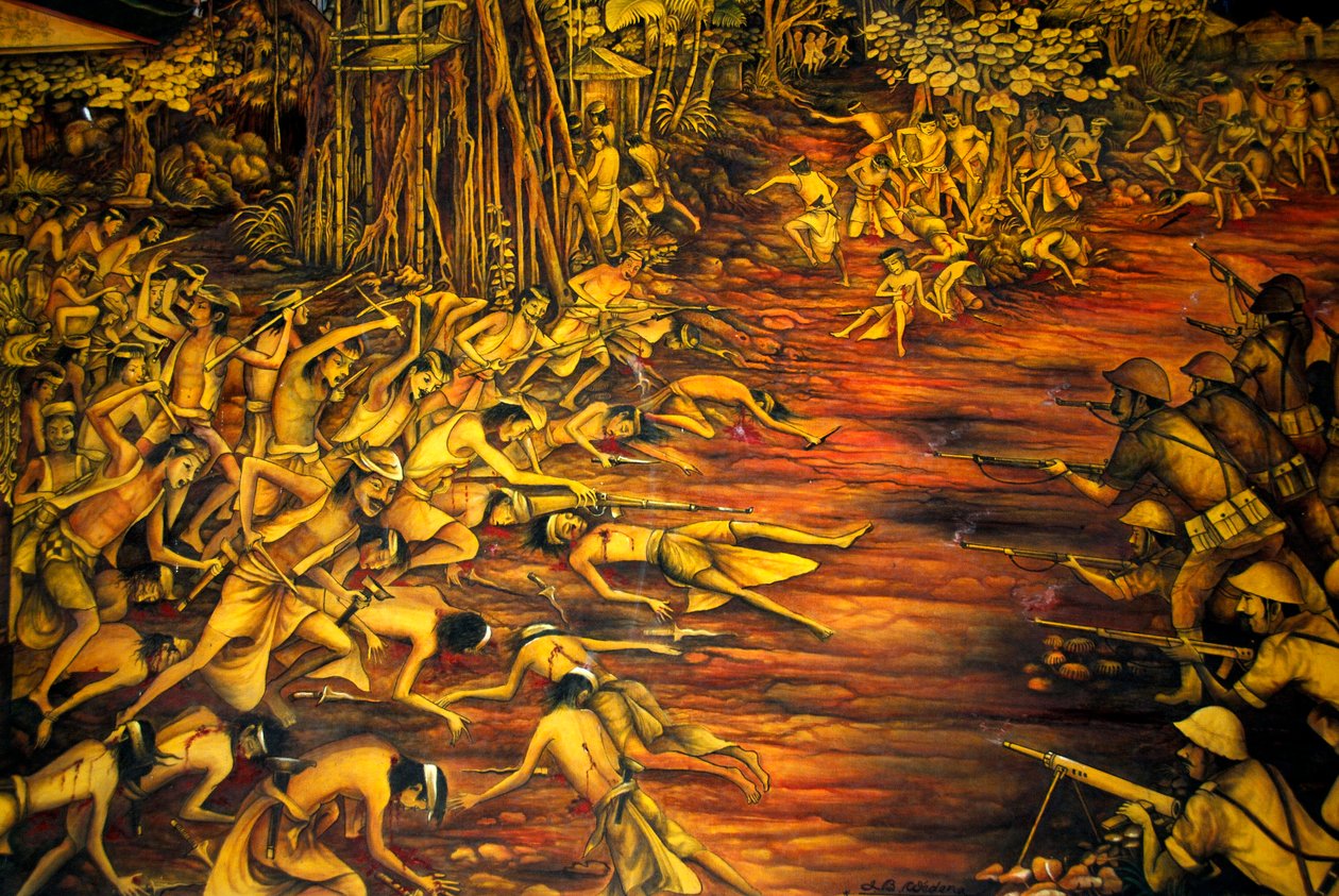 Historia; siirtomaavalta; maalaus; taistelu; hollantilaisten taistelu balilaisia vastaan vuonna 1908; museo Taman Gilin palatsissa; Klungkung; Semarapura; Bali; Indonesia; Kaakkois-Aasia; Aasia tekijältä Unbekannt
