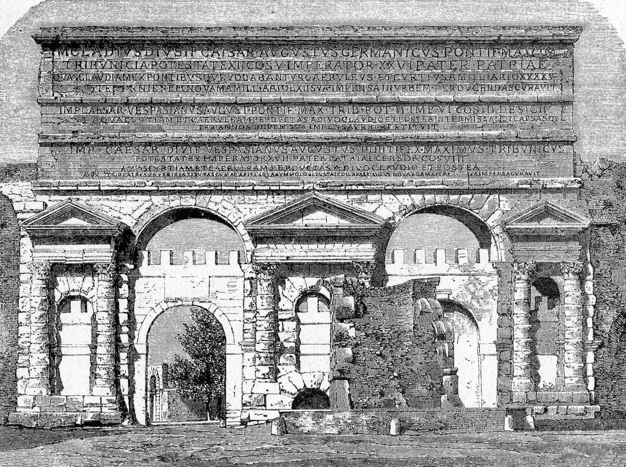 Muinaisen Rooman historia. Rooman kaiverrukset vuodelta 1872 Porta Maggiore tai Porta Nevia tekijältä Unbekannt