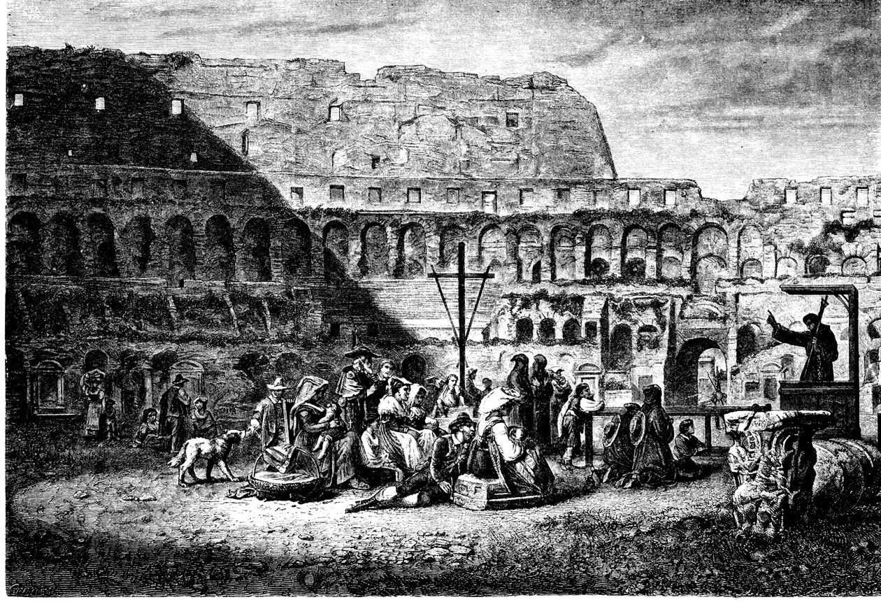 Muinaisen Rooman historia. Colosseumin sisäpuolen paastonsaarna. Tulosta 1800 tekijältä Unbekannt