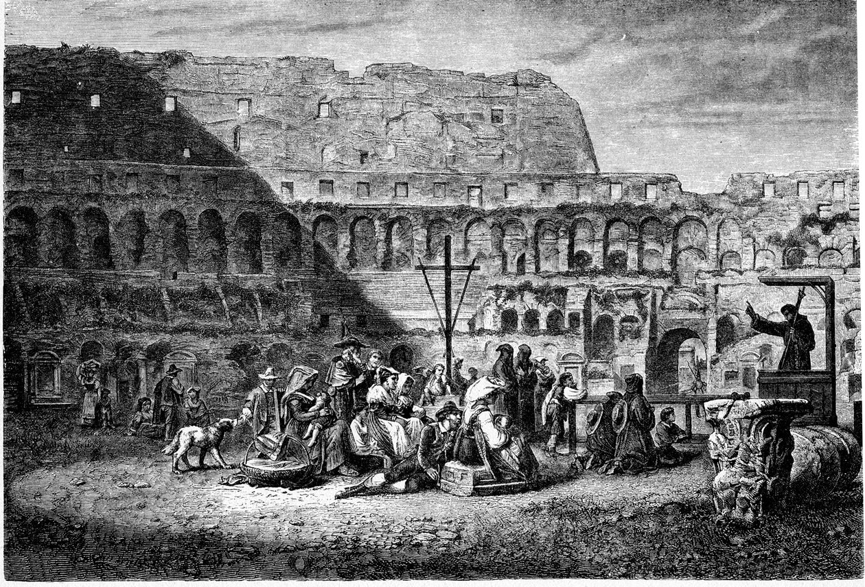 Muinaisen Rooman historia. Colosseumin sisäpuolen paastonsaarna. Tulosta 1800 tekijältä Unbekannt