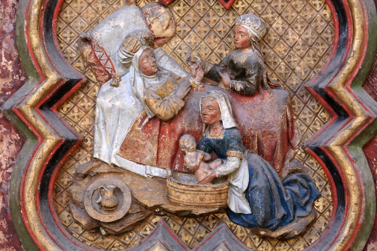 Pyhän Johannes Kastajan historia: ""Johannes Kastajan syntymä."" Pohjoisen kuoron pohjoispään bareljeef (1531). Polychrome kivi. 1531. Amiensin katedraali, Amiens, Ranska tekijältä Unbekannt