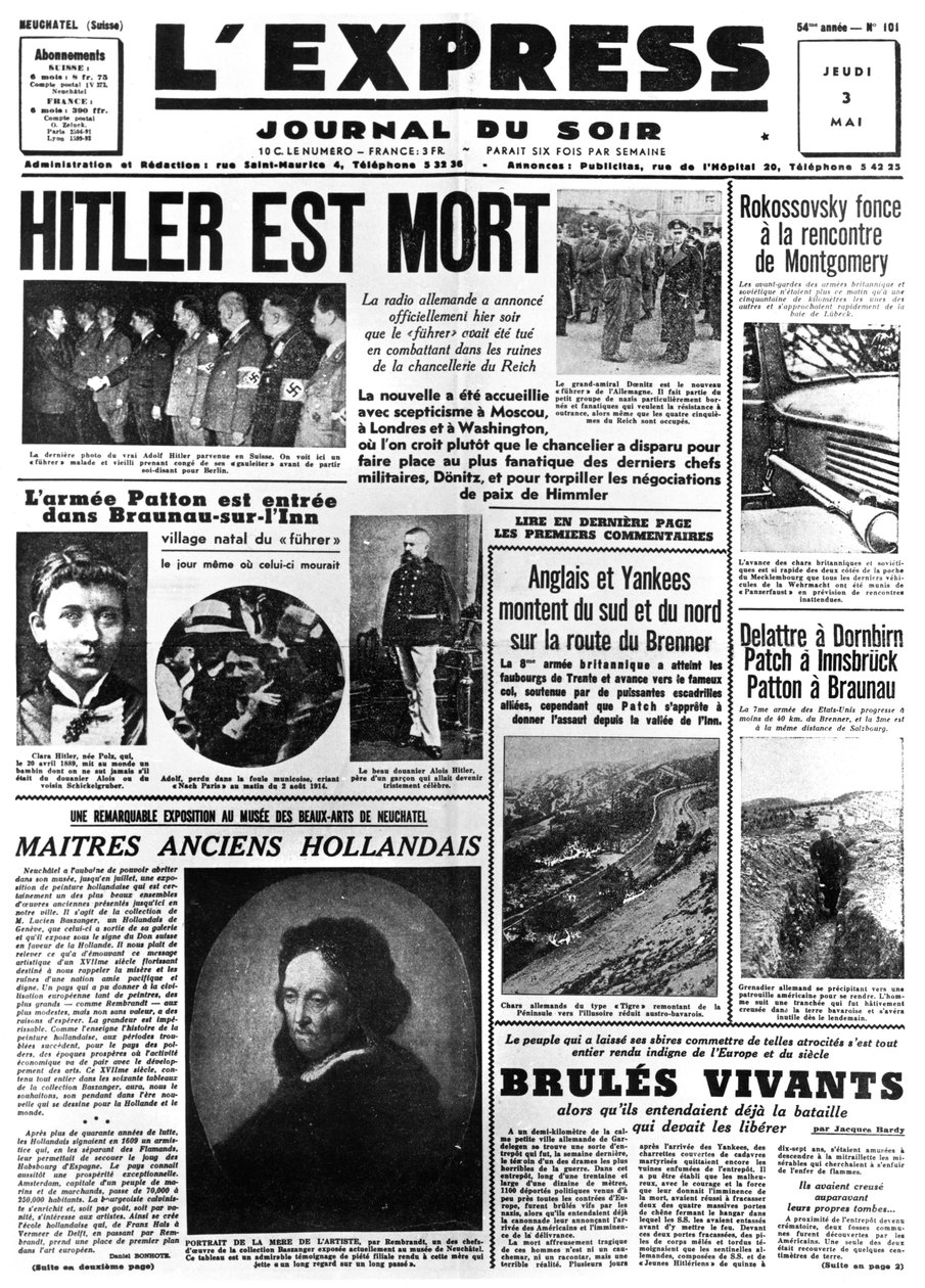 Hitler on kuollut, LExpress-sanomalehden etusivu, 3. toukokuuta 1945 tekijältä Unbekannt