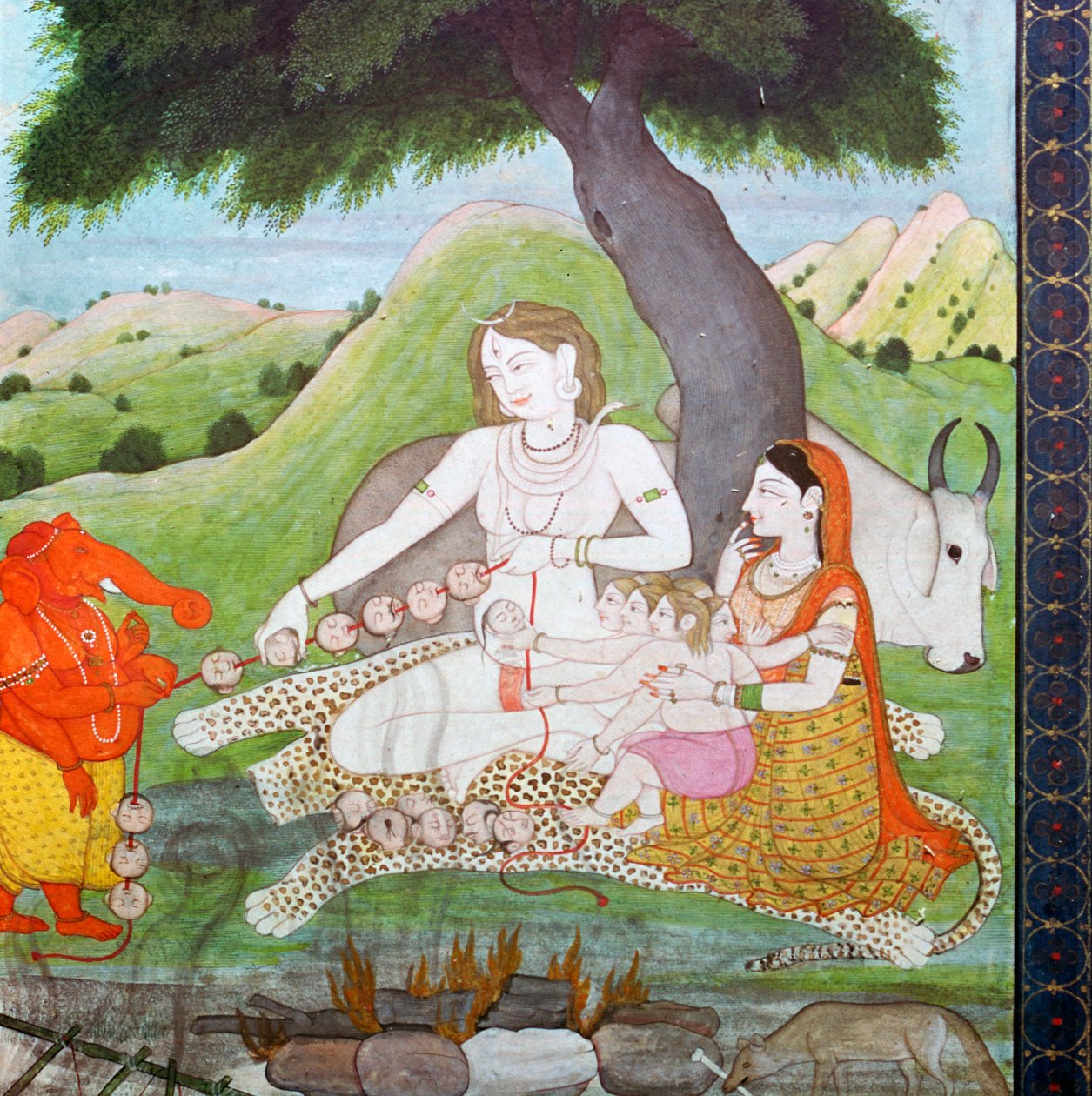 Pyhä perhe Burning Groundissa, jossa Shiva, Parvati ja Ganesh, 1800-luku tekijältä Unbekannt