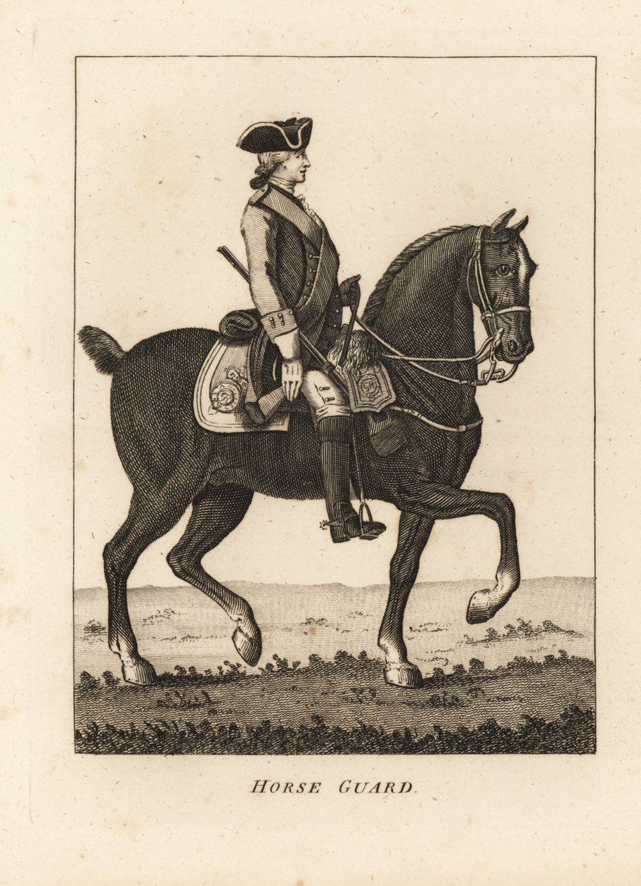 Horse Guard, sotilaspuku, jossa tricorn, musketti tekijältä Unbekannt