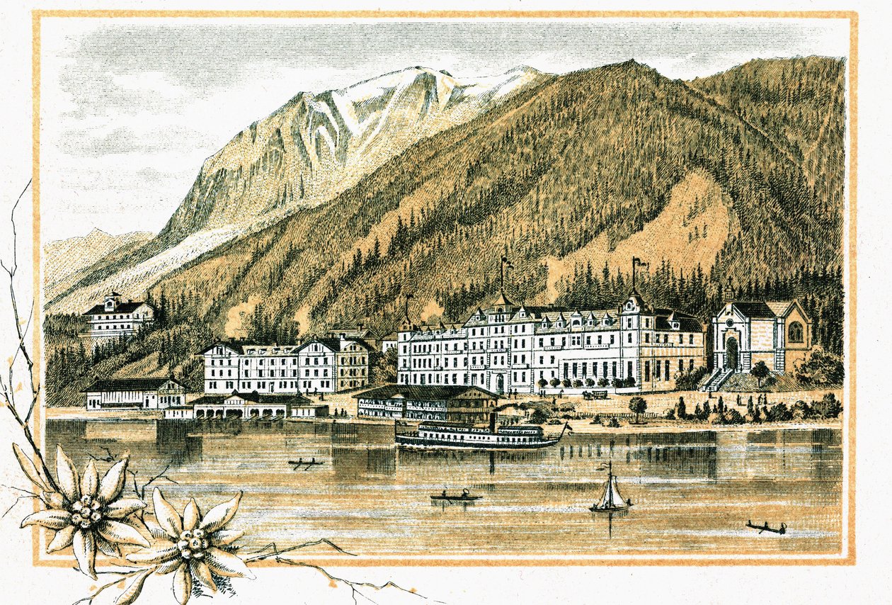 Hotel Scholastika Achensee-järven varrella Achen Tiroli Itävalta noin 1900 tekijältä Unbekannt
