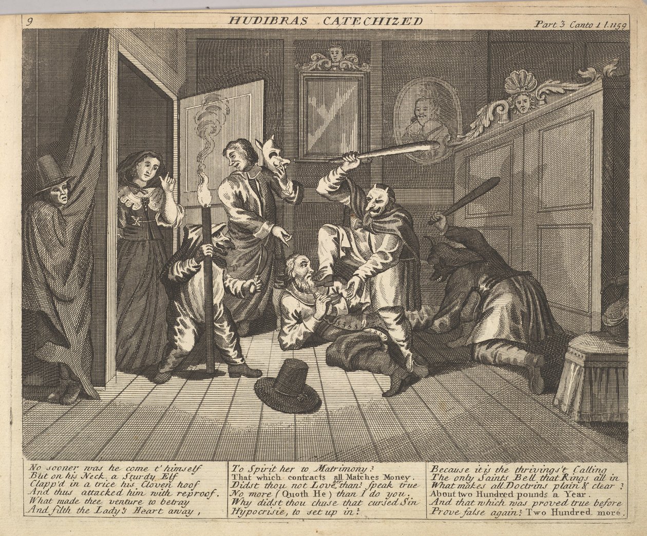 Hudibras katekisoitu levy 9: Kuvituksia Samuel Butlersille Hudibras, 1725-30. tekijältä Unbekannt