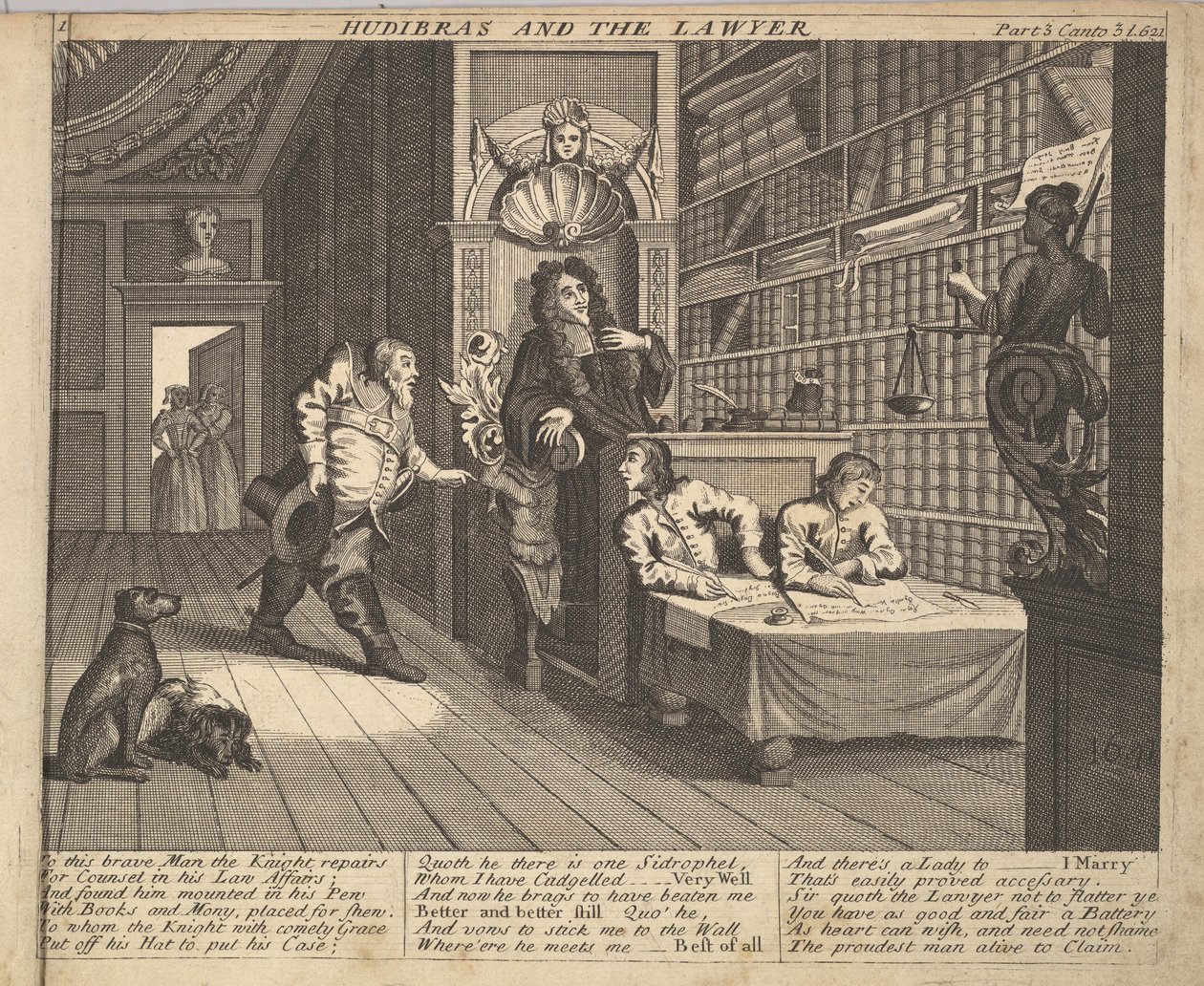 Hudibras ja lakimies Levy 12: Kuvituksia Samuel Butlersille Hudibras, 1725-30. tekijältä Unbekannt