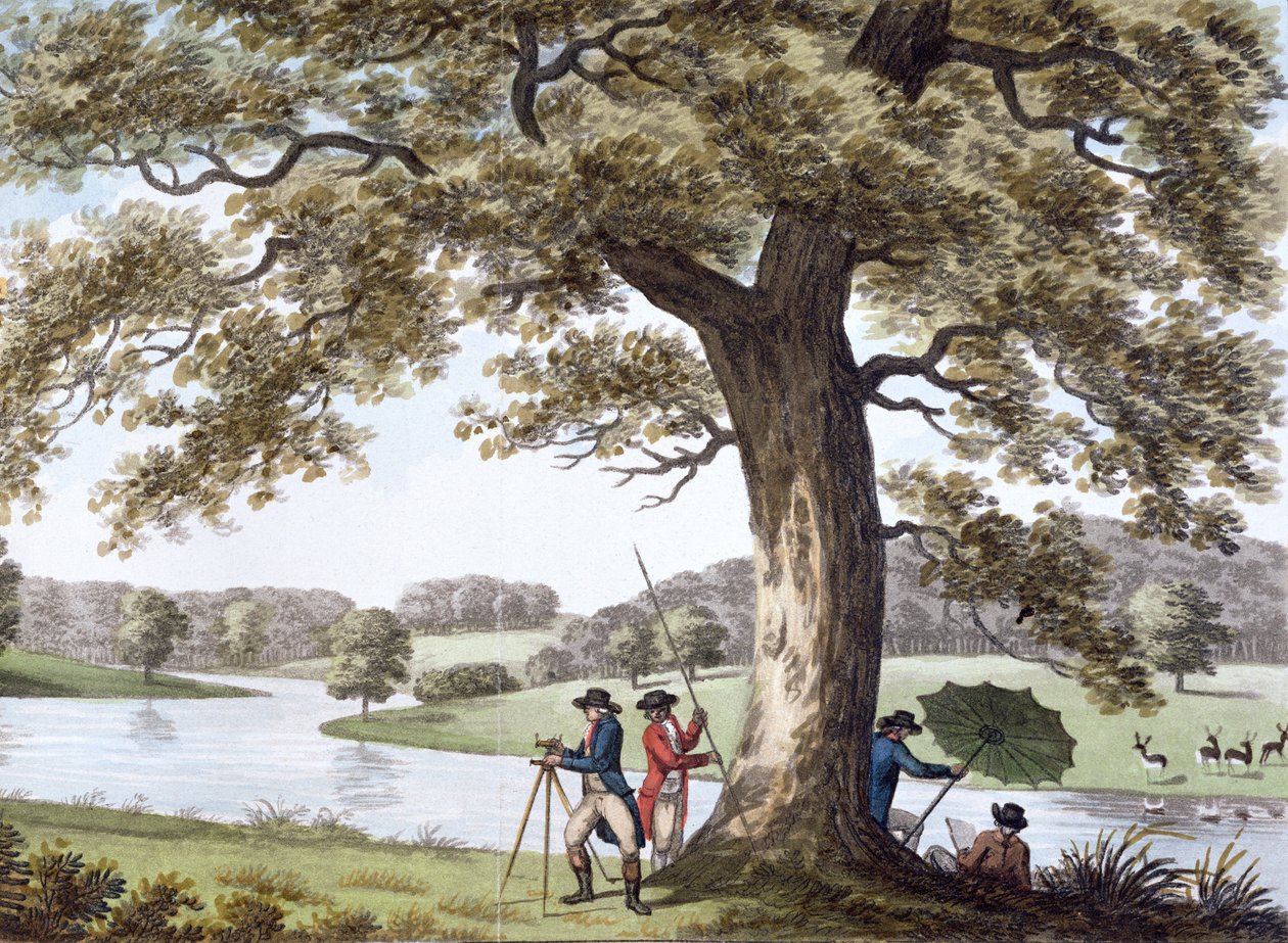 Humphry Repton mittaa teodoliitilla, 1700-luvun loppu - 1800-luvun alku tekijältä Unbekannt