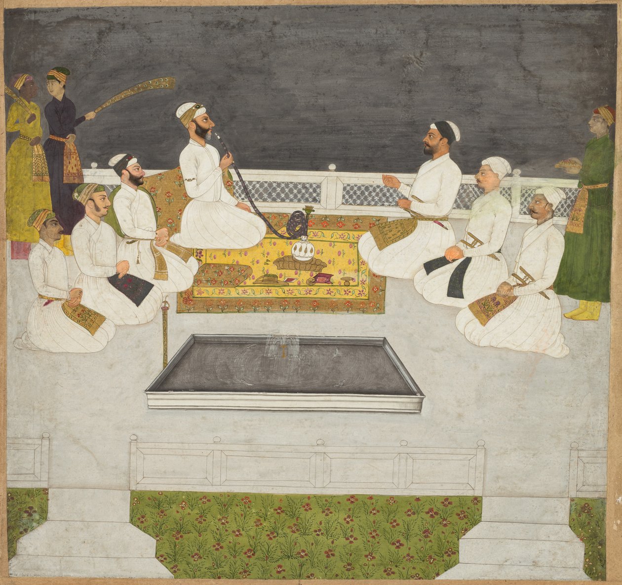 Husain Ali Khan viihdyttämässä veljiään Sayyid Brothers, c. 1712-19. tekijältä Unbekannt