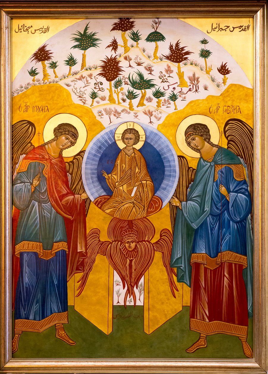 Ikoni Nasaretin melkite-kirkossa, Galilea, Israel, Jeesus arkkienkelit Mikaelin ja Gabrielin ympäröimänä, 2018 (kuva) tekijältä Unbekannt