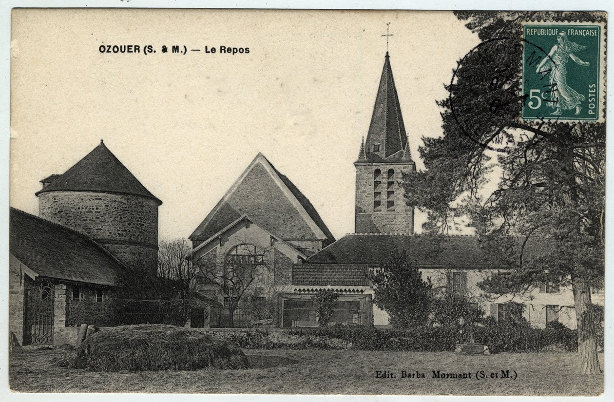 Ile de France, Seine et Marne (77), Ozouer le Repos (Ozouer-le-Repos): ulkokuva Saint Aubinin (Saint-Aubin) kirkosta - Postikortti vuodelta 1908 tekijältä Unbekannt