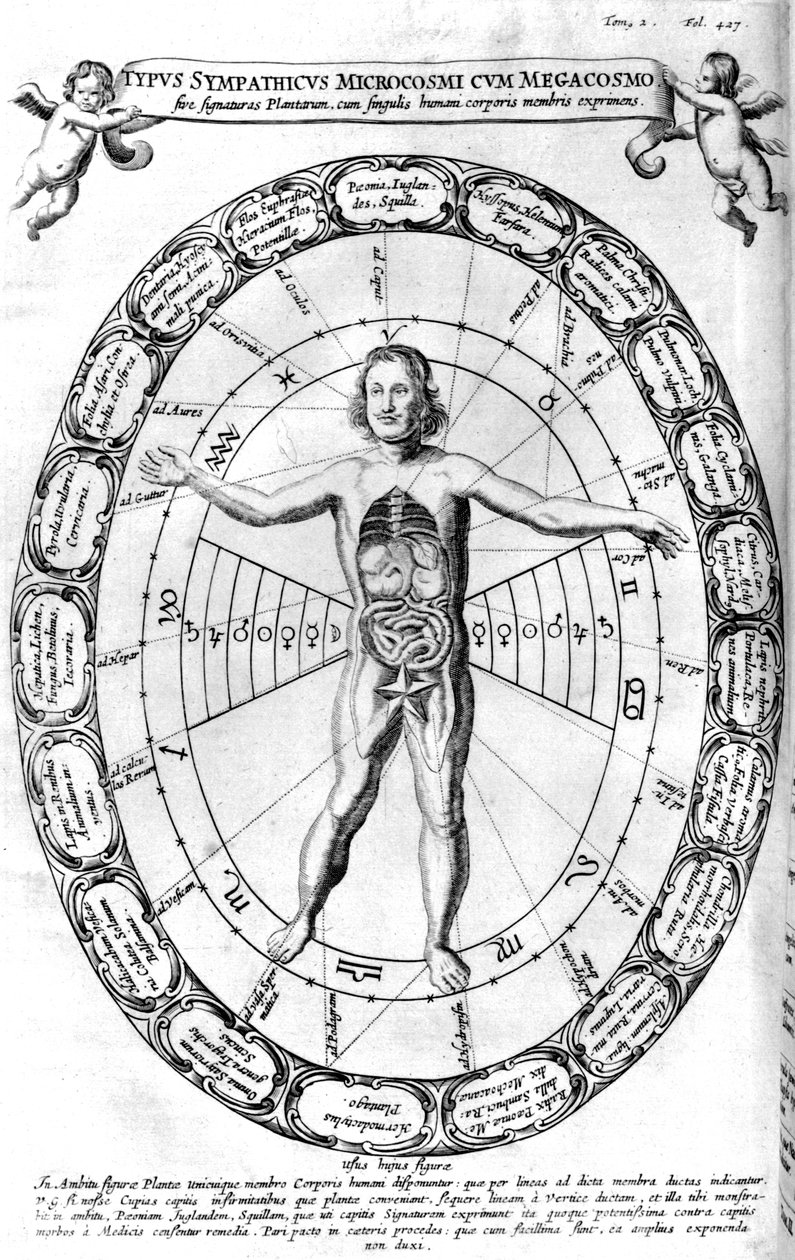 Universumin, makrokosmosen, vaikutus ihmiseen, mikrokosmos, 1678 tekijältä Unbekannt