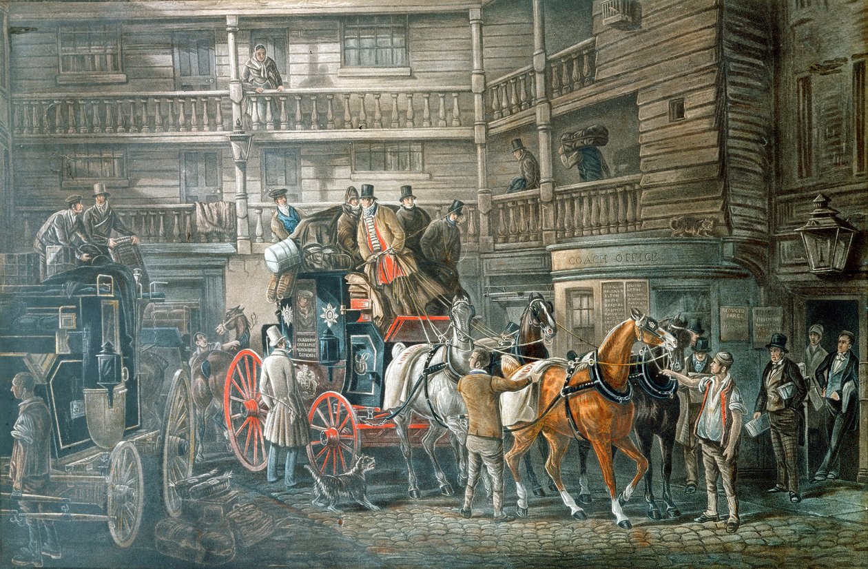 Majatalon piha, jossa postivalmentaja valmistautuu lähtöön, c1840 tekijältä Unbekannt