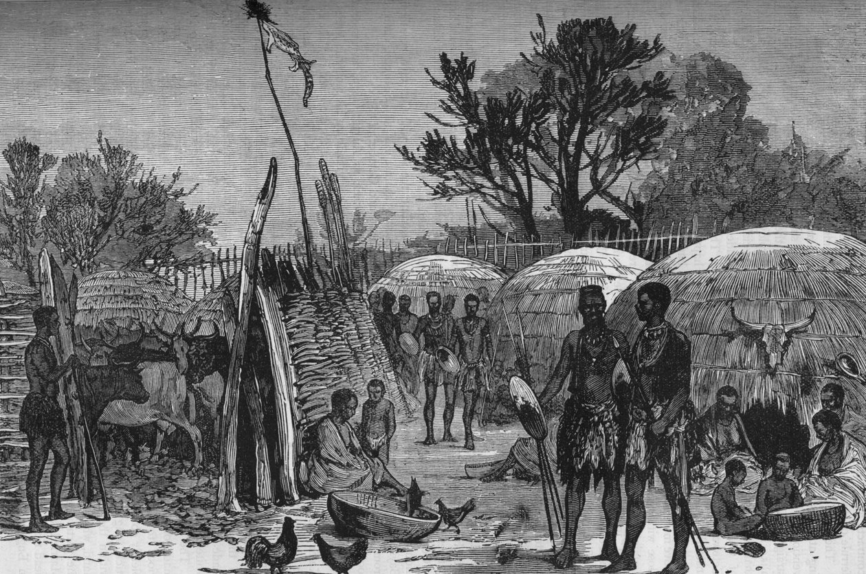 Zuli Kraalin sisustus Tugelajoella, n. 1880 tekijältä Unbekannt