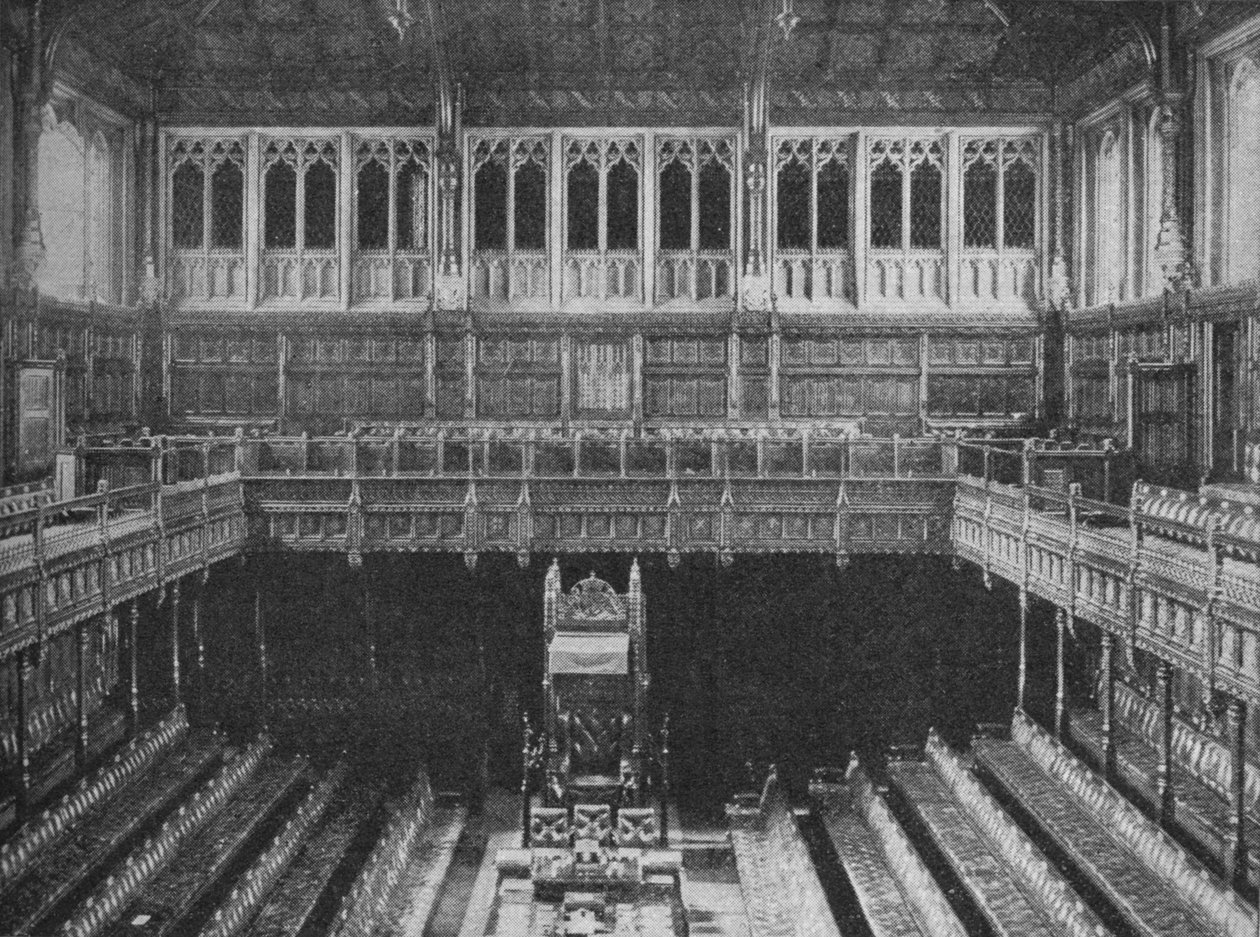 Westminsterin alahuoneen sisätilat puhujien tuoliin päin, 1909 tekijältä Unbekannt