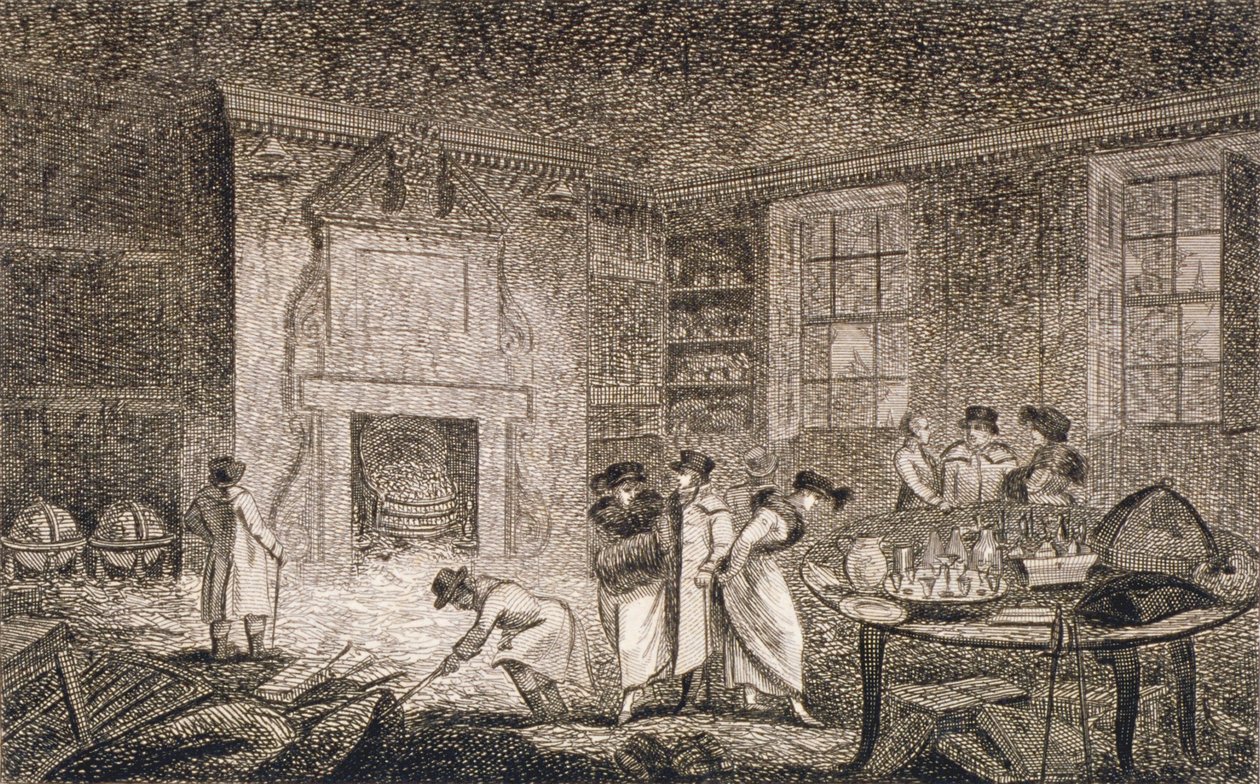 Sisäkuva Nathaniel Bentleyn tiloista, Leadenhall Street, Lontoon kaupunki, 1804 tekijältä Unbekannt