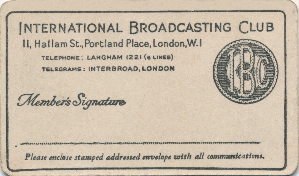 International Broadcasting Club: Jäsenkortti, 1930-luku tekijältä Unbekannt