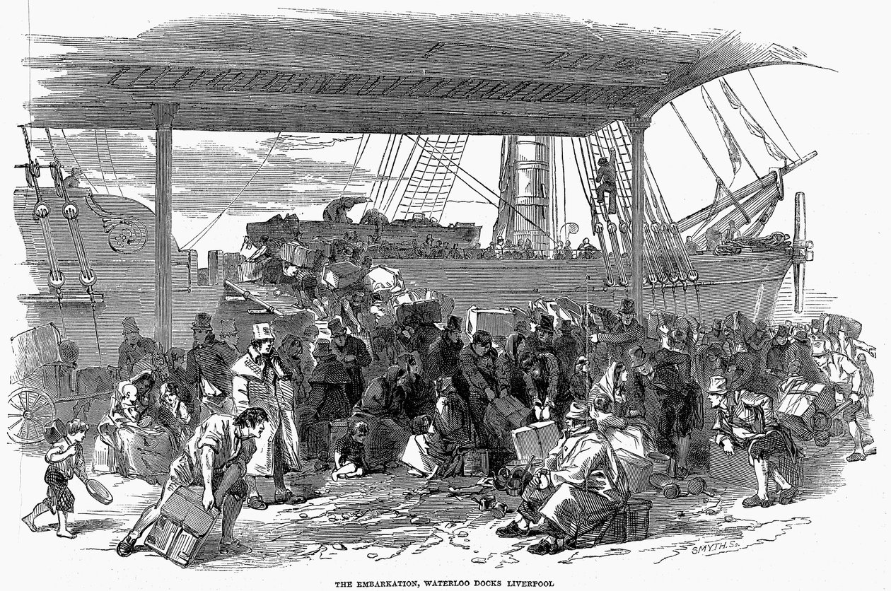 Irlantilaiset siirtolaiset lähdössä Amerikkaan Waterloo Docksissa, Liverpoolissa, 1850 tekijältä Unbekannt