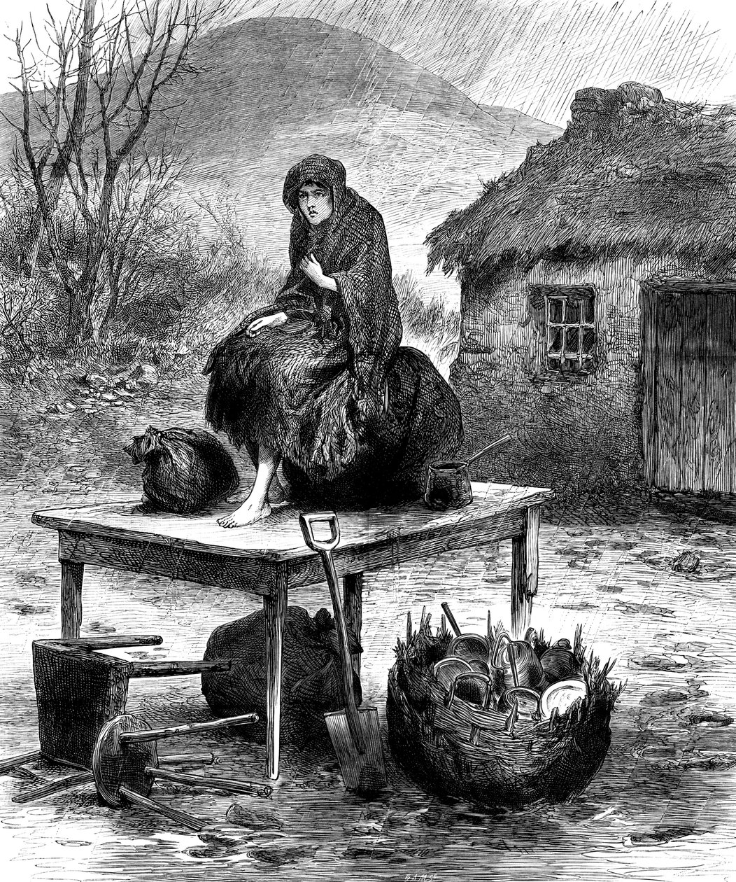 Irlantilainen talonpoikatyttö vartioi perheen viimeistä omaisuutta, 1886 tekijältä Unbekannt