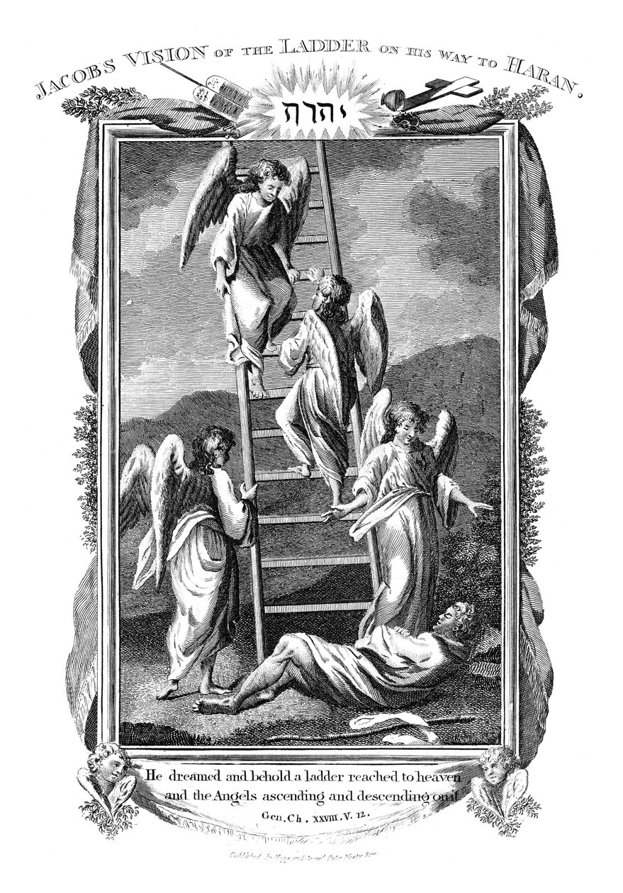 Jacobs unelmoi enkeleistä, jotka nousevat ja laskeutuvat tikkaita taivaaseen, c1808 tekijältä Unbekannt