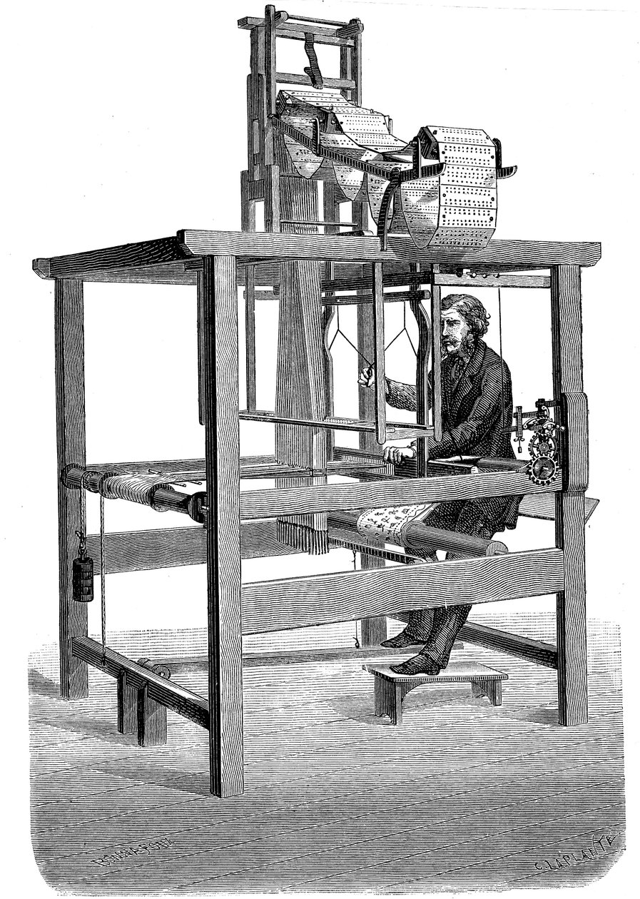 Jacquard kangaspuut, reikäkortteja, joista kuvio on kudottu, 1876 tekijältä Unbekannt