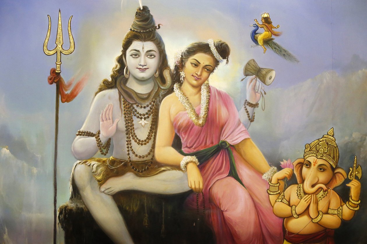 Jalaram Pratna hindutemppeli, Leicester. Fresco tallentaa Shiva, Parvati ja Ganesh. Yhdistynyt kuningaskunta tekijältä Unbekannt