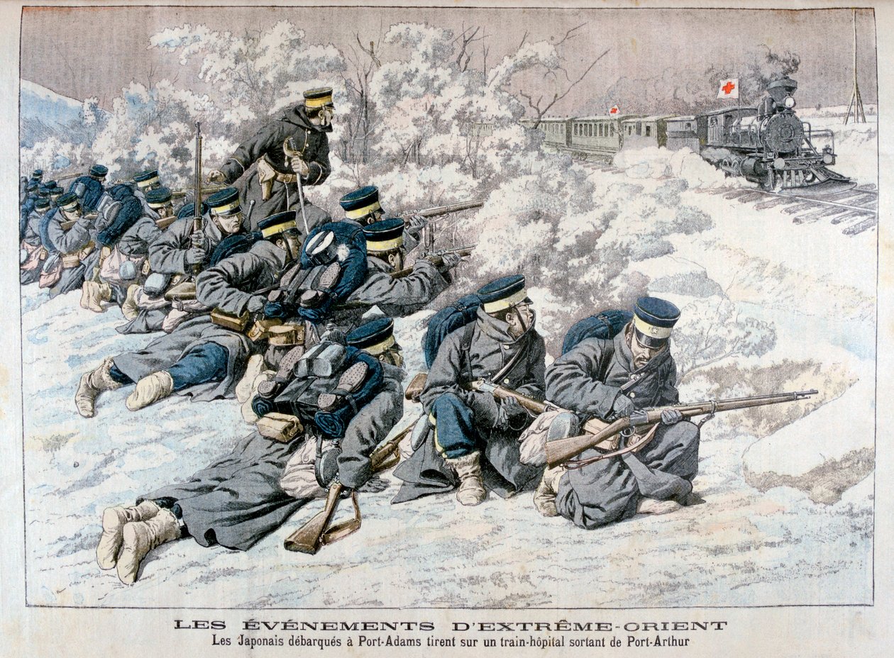 Japanin hyökkäys sairaalajunaan lähellä Port Arthuria, Manchuria, Venäjän ja Japanin sota, 1904 tekijältä Unbekannt