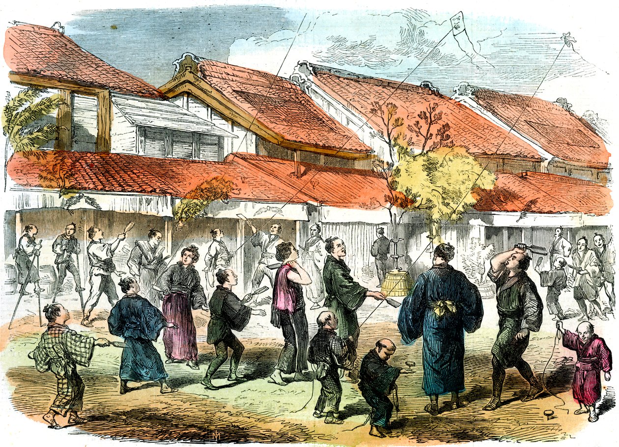 Japanilainen battledore- ja sulkapallopeli Yokohaman kaduilla, 1865 tekijältä Unbekannt