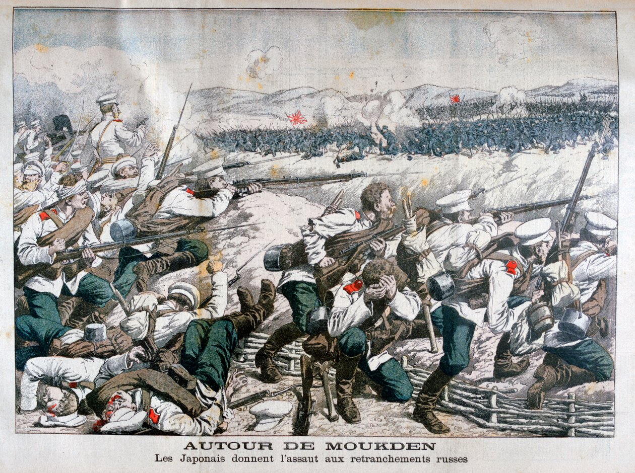 Japanilaiset joukot hyökkäävät Venäjän juoksuhautoja vastaan, Mukden, Manchuria, lokakuu 1904 tekijältä Unbekannt