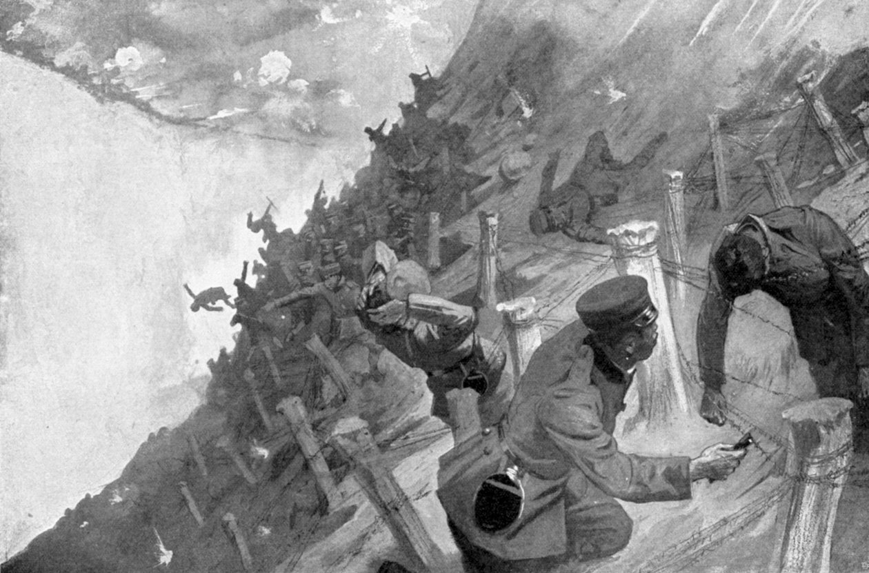 Japanilaiset joukot teurastettiin ylittäessään Venäjän piikkilankaa, Venäjän ja Japanin sota, 1904-5 tekijältä Unbekannt