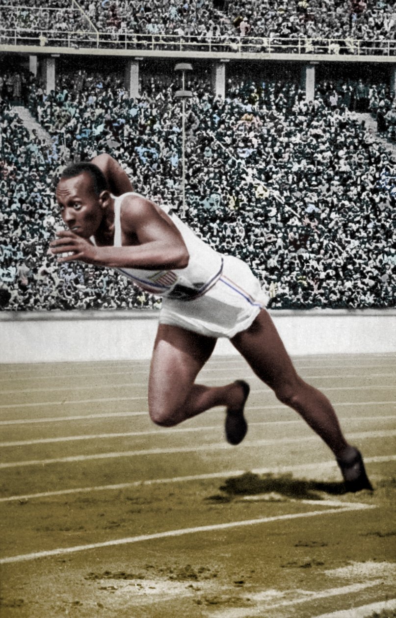 Jesse Owens 200 metrin lähdössä Berliinin olympialaisissa 1936 tekijältä Unbekannt