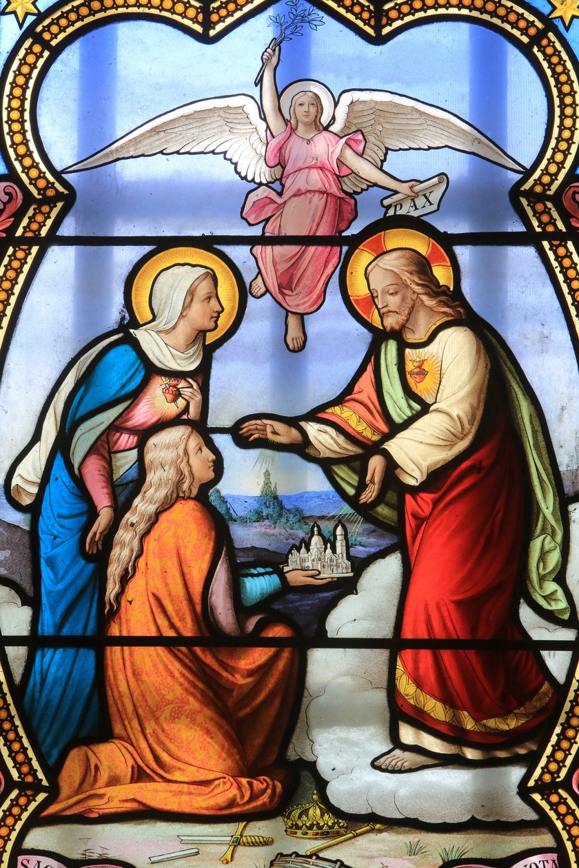 Jeesus Kristus ja Neitsyt Maria. Lasimaalaus. Neitsyt Marian pyhäkkö la Salettessa, La Salette-Fallavaux, Ranska tekijältä Unbekannt