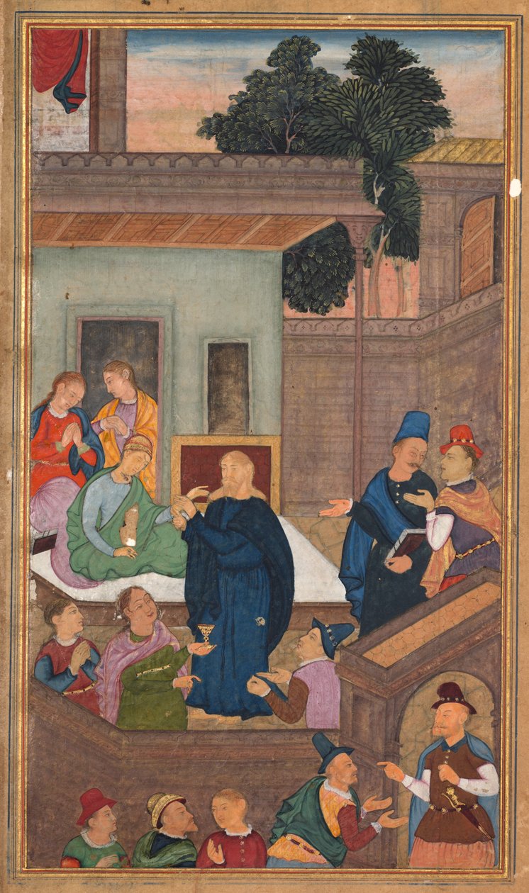 Jeesus herättää Jairuksen tyttären kuolleista, pyhyyden peilistä Mirat al-quds..., 1602-16 tekijältä Unbekannt