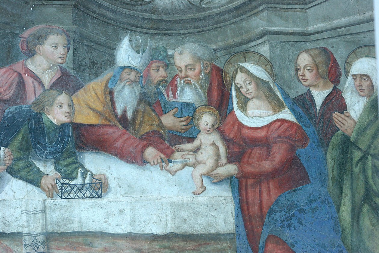 Jeesus temppelin freskolla Pyhän Marian katedraalin ovella Aoste Italia tekijältä Unbekannt