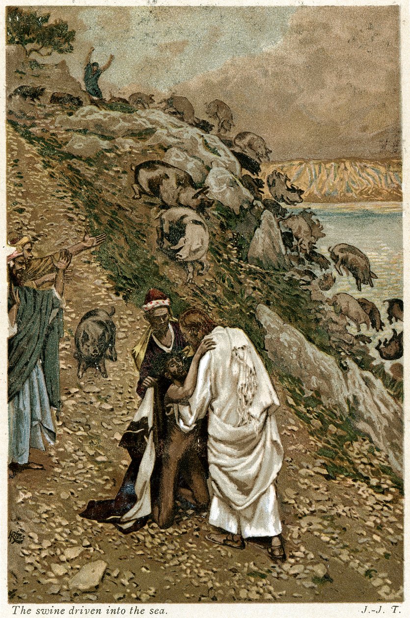 Jeesus ajaa paholaisia ulos polvistuvasta miehestä, 1890 tekijältä Unbekannt